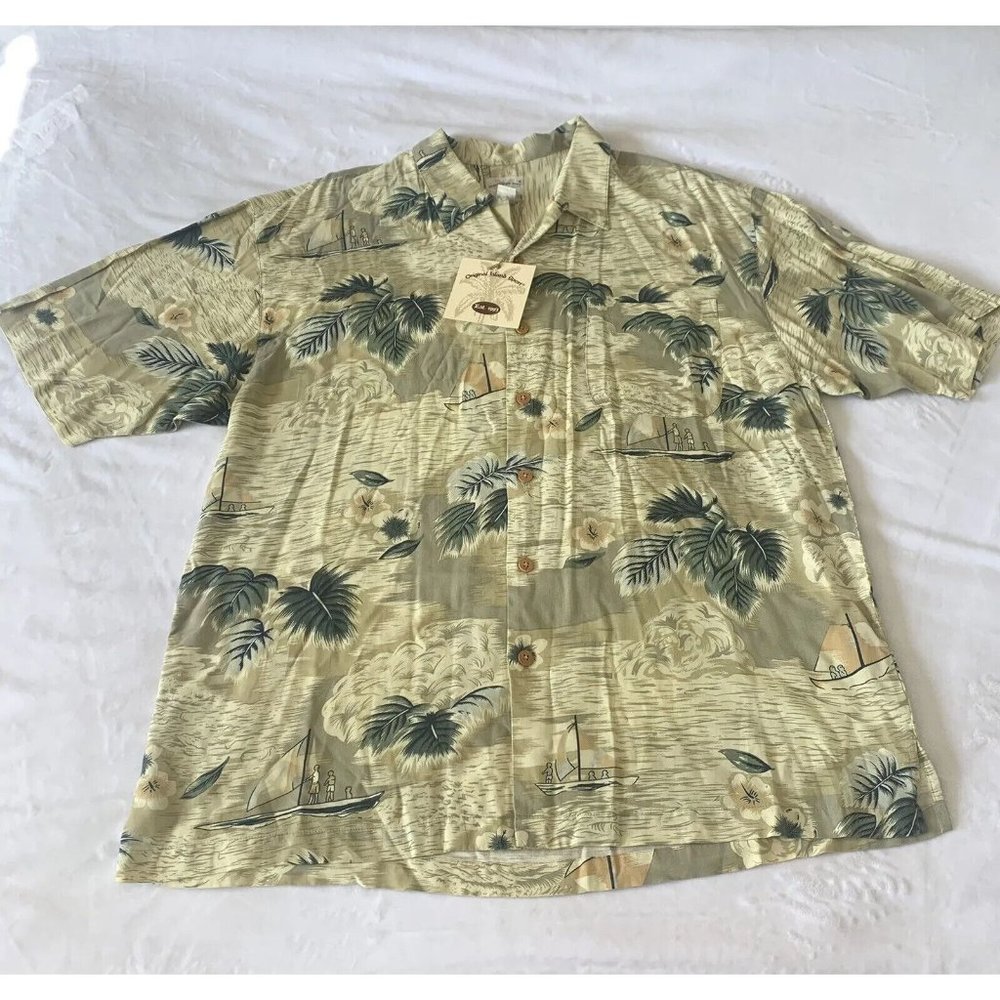 Original Island Sport Hawaiian Men's Shirt Sz X-Large Khaki Yellow Olive Tropica